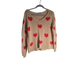 Wooden Ships Heart Knit Sweater Women's S/M Brown Boho Coquette Cottage V neck